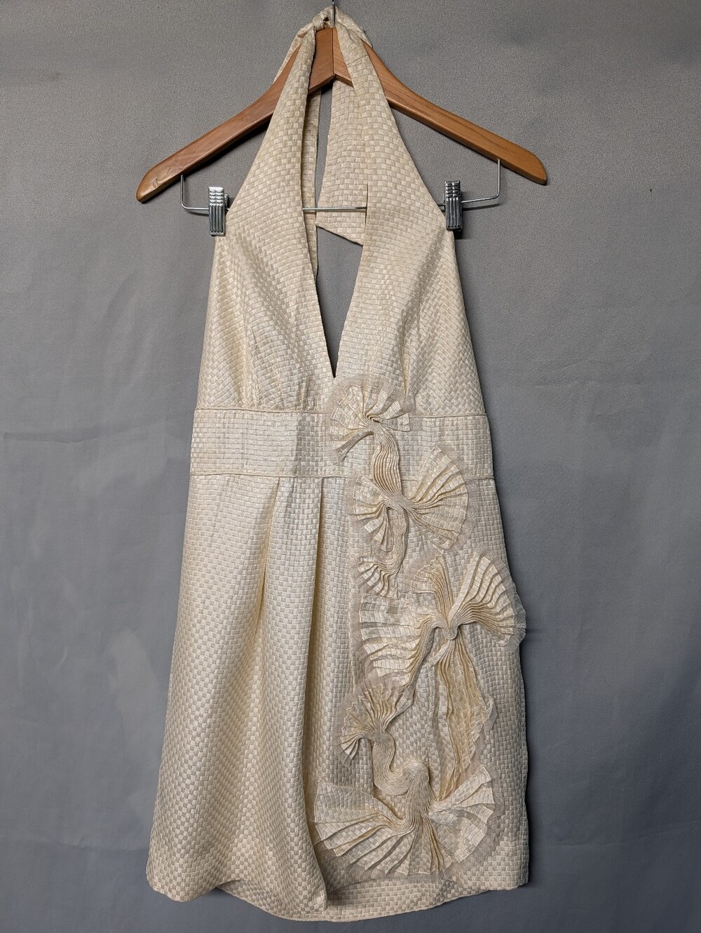 ✨NWT 100% Silk Elegant Jaquard Pleated Mini Halter Dress in Cream Size 12